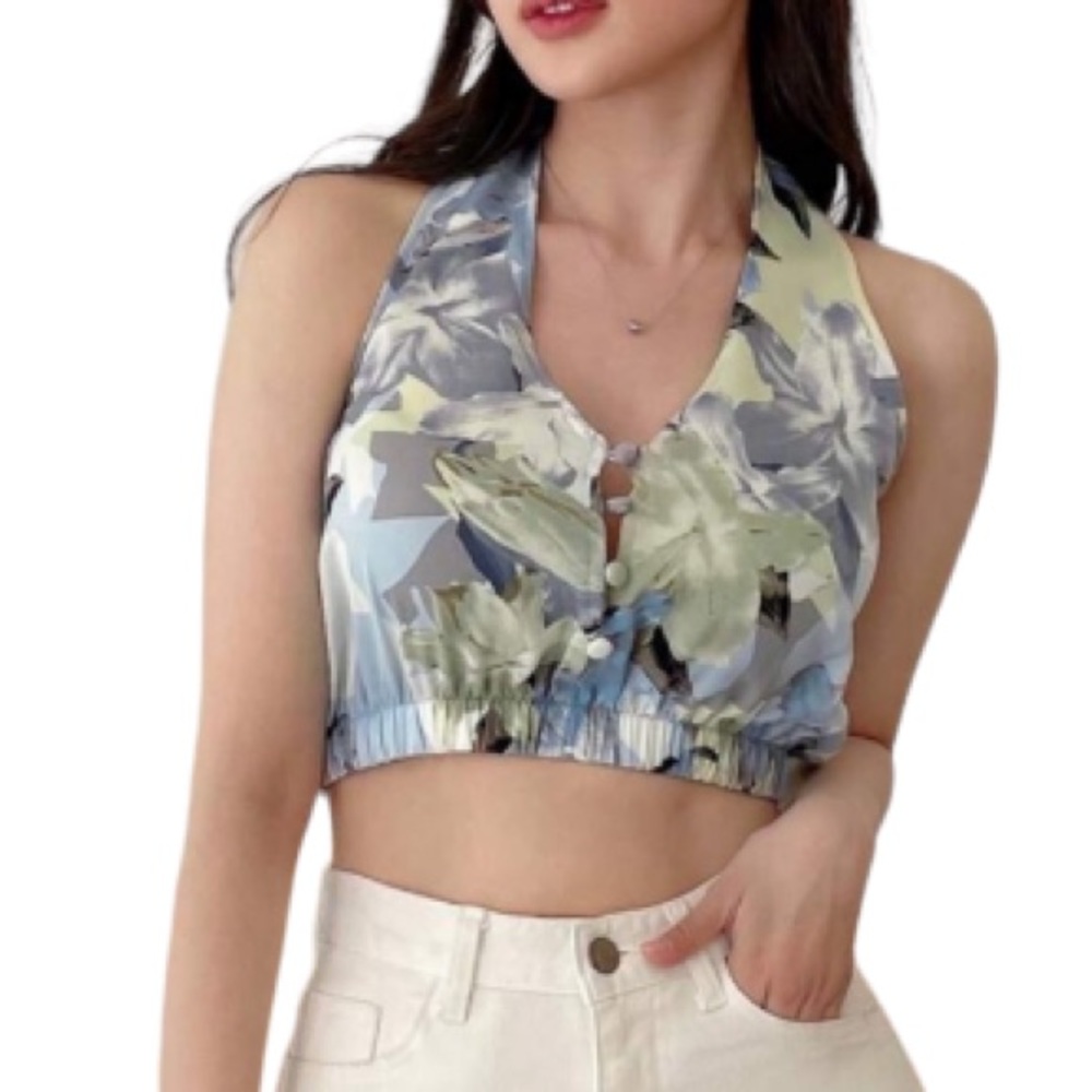 Gorgeous Floral cropped halter tank top ruched style